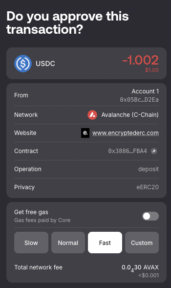 Core Extension approval screen for an eERC-20 deposit operation