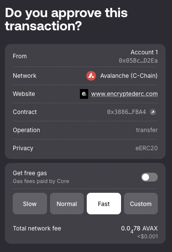 Core Extension approval screen for an eERC-20 transfer operation