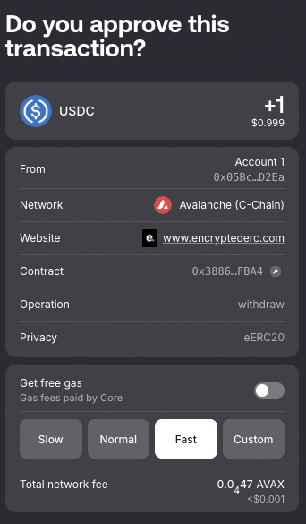 Core Extension approval screen for an eERC-20 withdraw operation